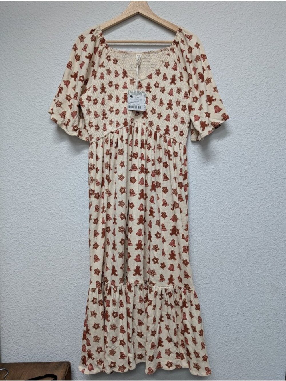 Kate Quinn Organic Cotton Gingerbread Cookies Smocked Flutter Sleeve Dress Large